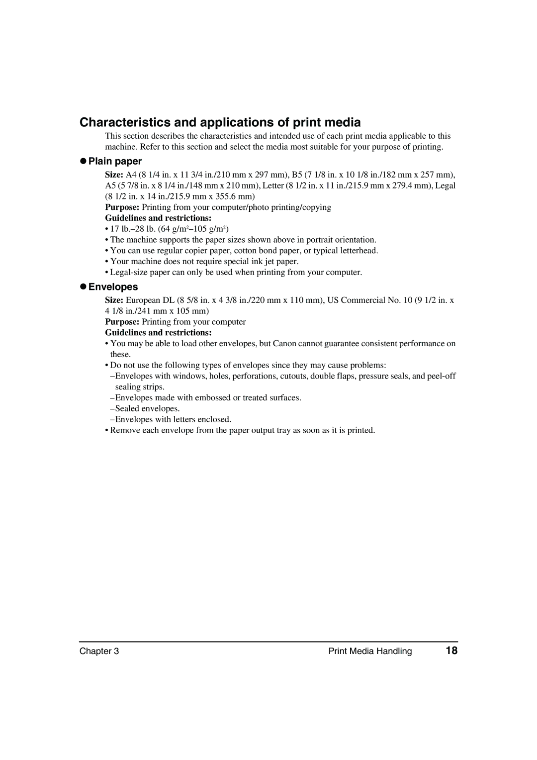 Canon MP360, MP370 manual Characteristics and applications of print media, Guidelines and restrictions 