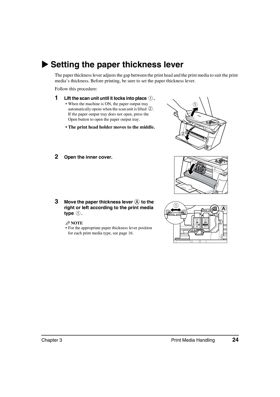 Canon MP360, MP370 manual Setting the paper thickness lever, Lift the scan unit until it locks into place 