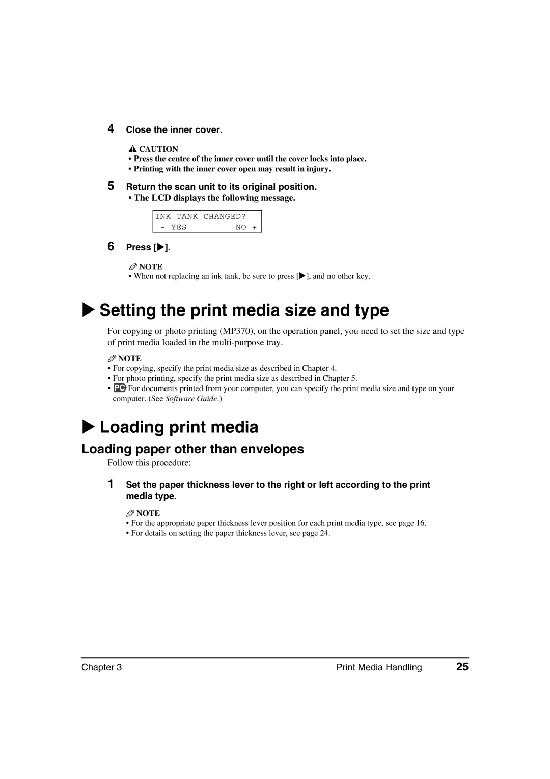 Canon MP370, MP360 manual Setting the print media size and type, Loading print media, Loading paper other than envelopes 