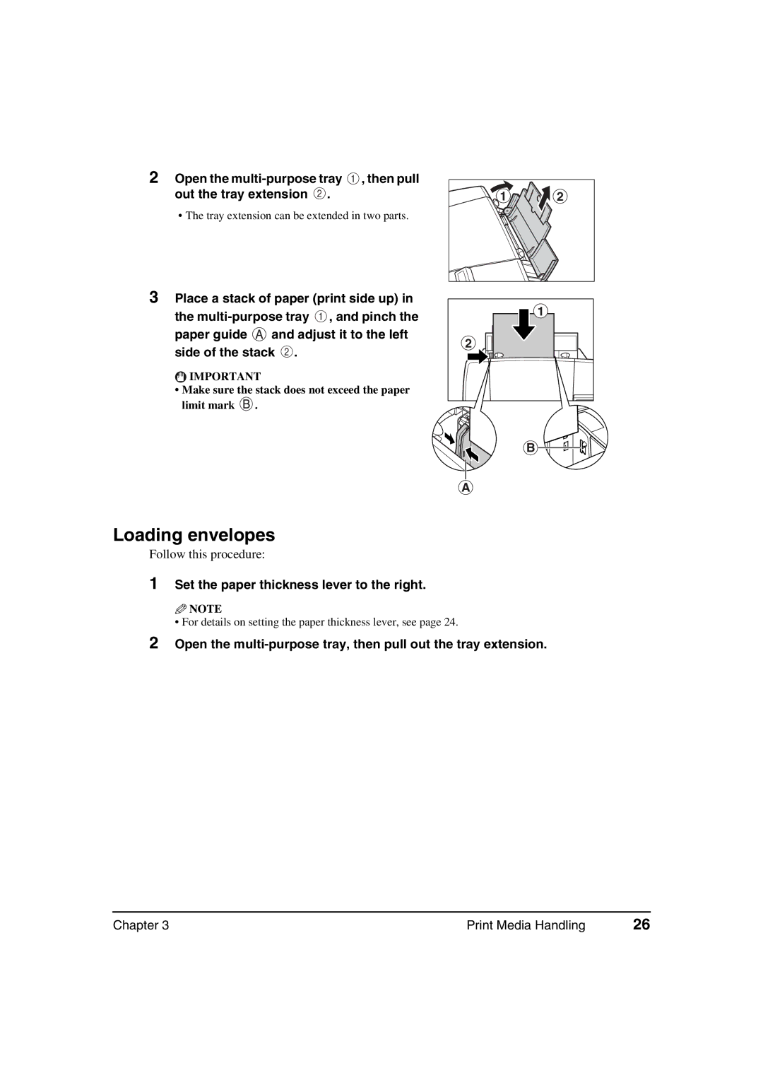 Canon MP360, MP370 manual Loading envelopes, Set the paper thickness lever to the right 