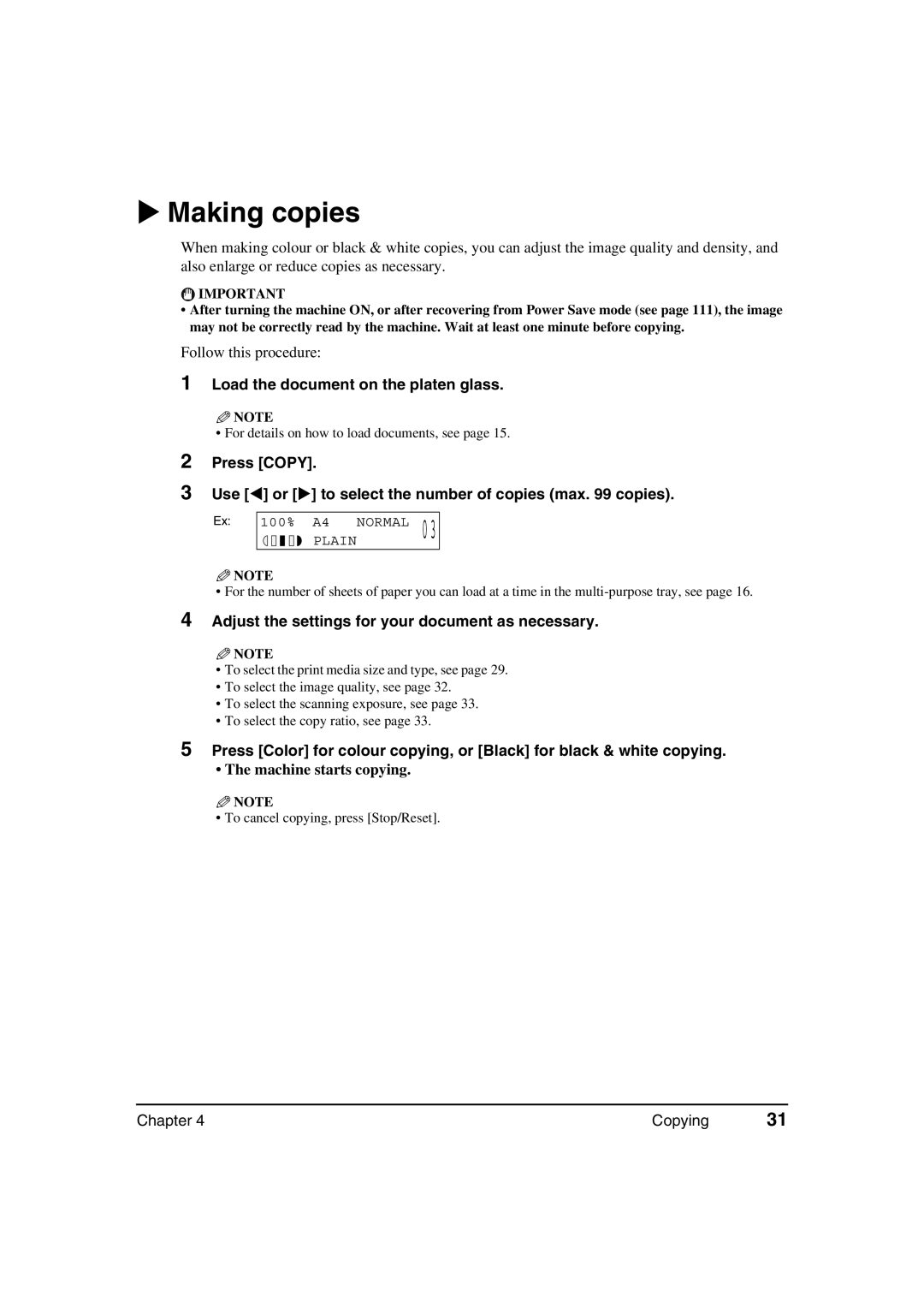 Canon MP370 manual Making copies, Load the document on the platen glass, Adjust the settings for your document as necessary 