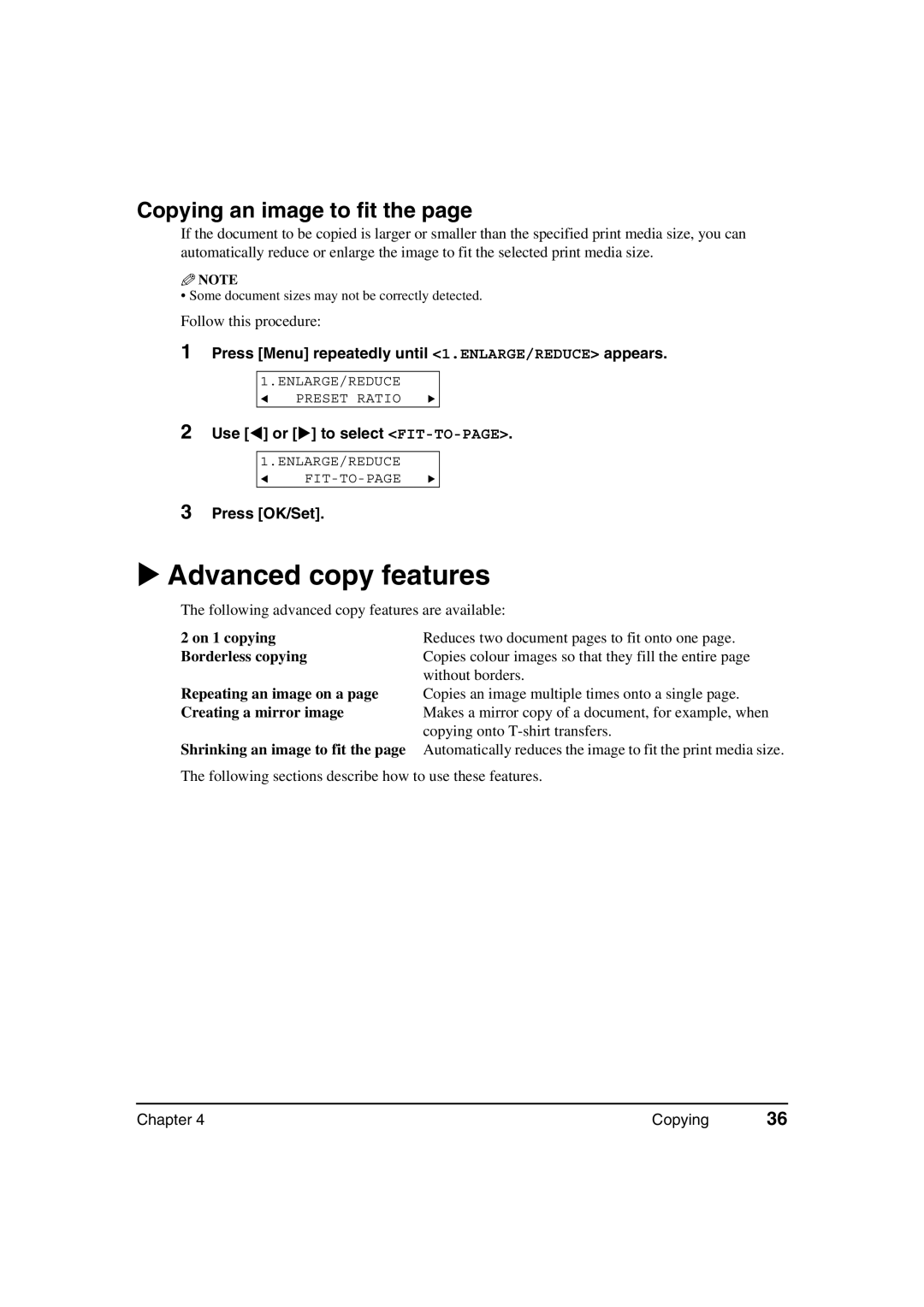 Canon MP360, MP370 manual Advanced copy features, Copying an image to fit, Use or to select FIT-TO-PAGE 