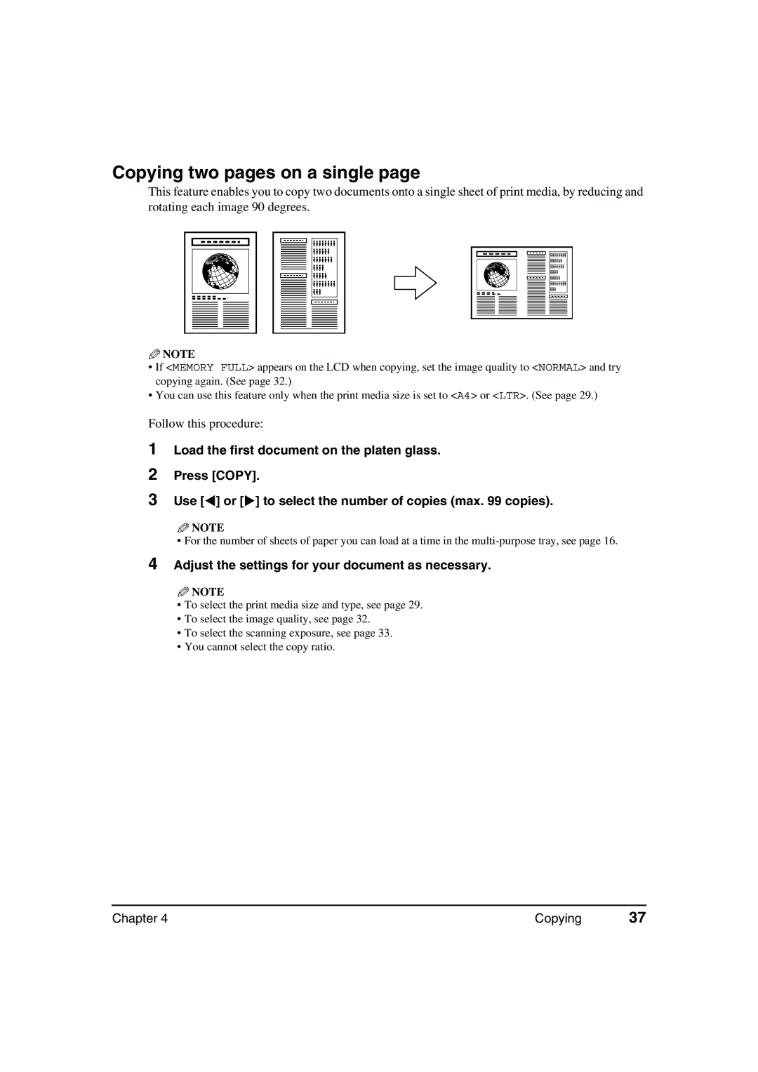 Canon MP370, MP360 manual Copying two pages on a single, Adjust the settings for your document as necessary 