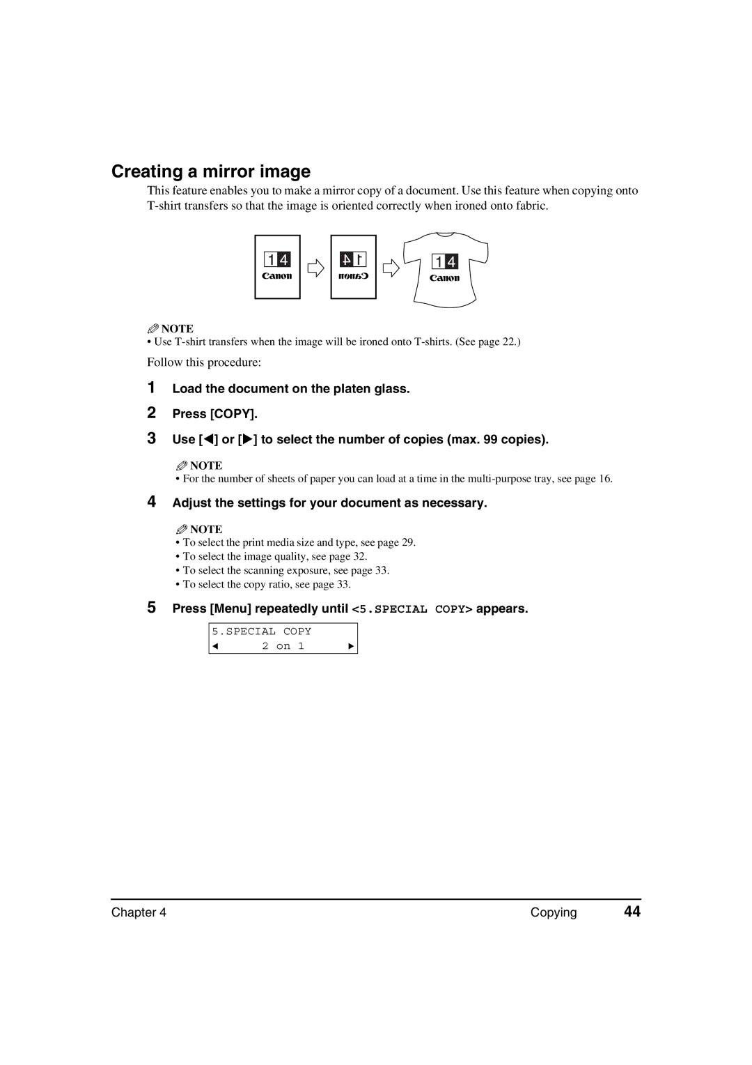 Canon MP360, MP370 manual Creating a mirror image, Adjust the settings for your document as necessary 