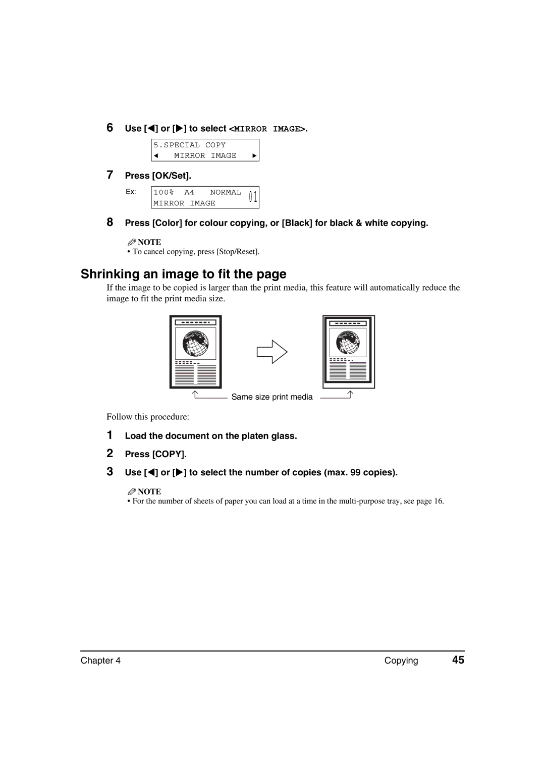 Canon MP370, MP360 manual Shrinking an image to fit, Use or to select Mirror Image 