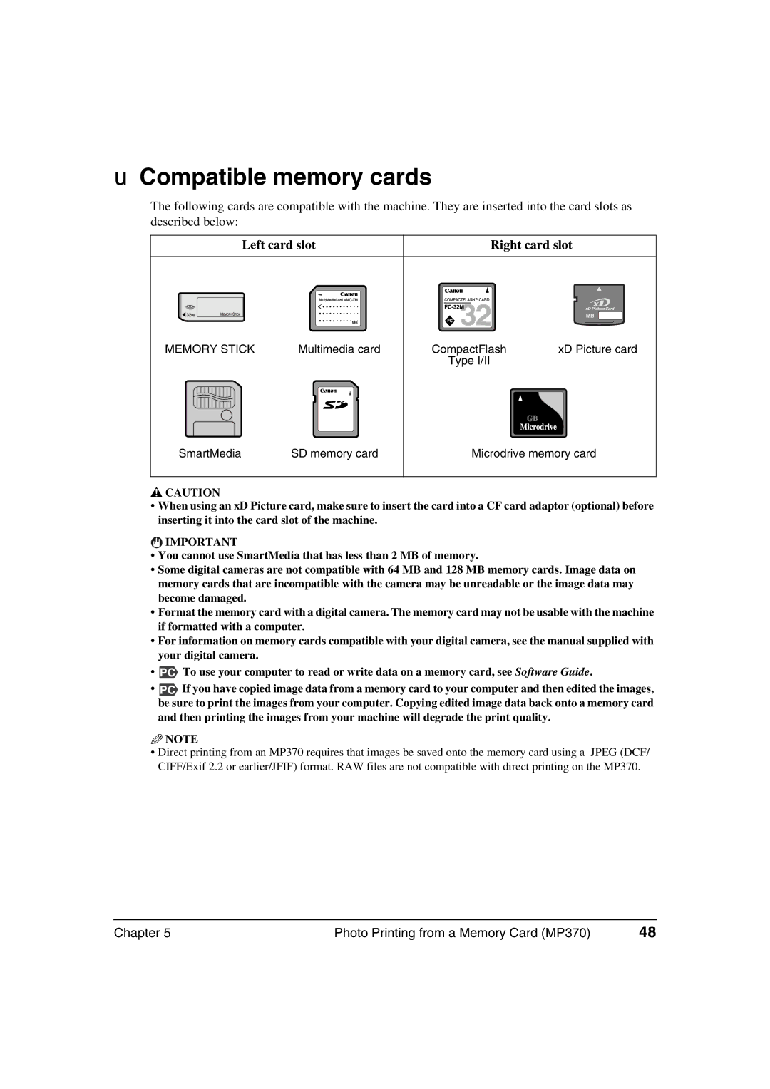 Canon MP360, MP370 manual Compatible memory cards, Left card slot Right card slot 