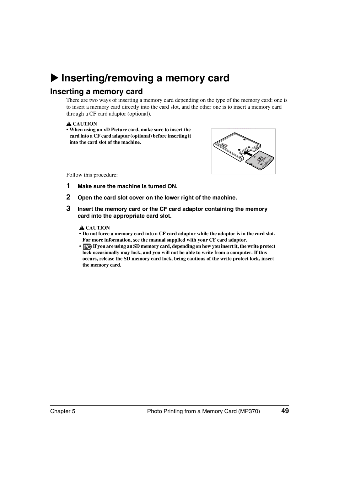 Canon MP370, MP360 manual Inserting/removing a memory card, Inserting a memory card 