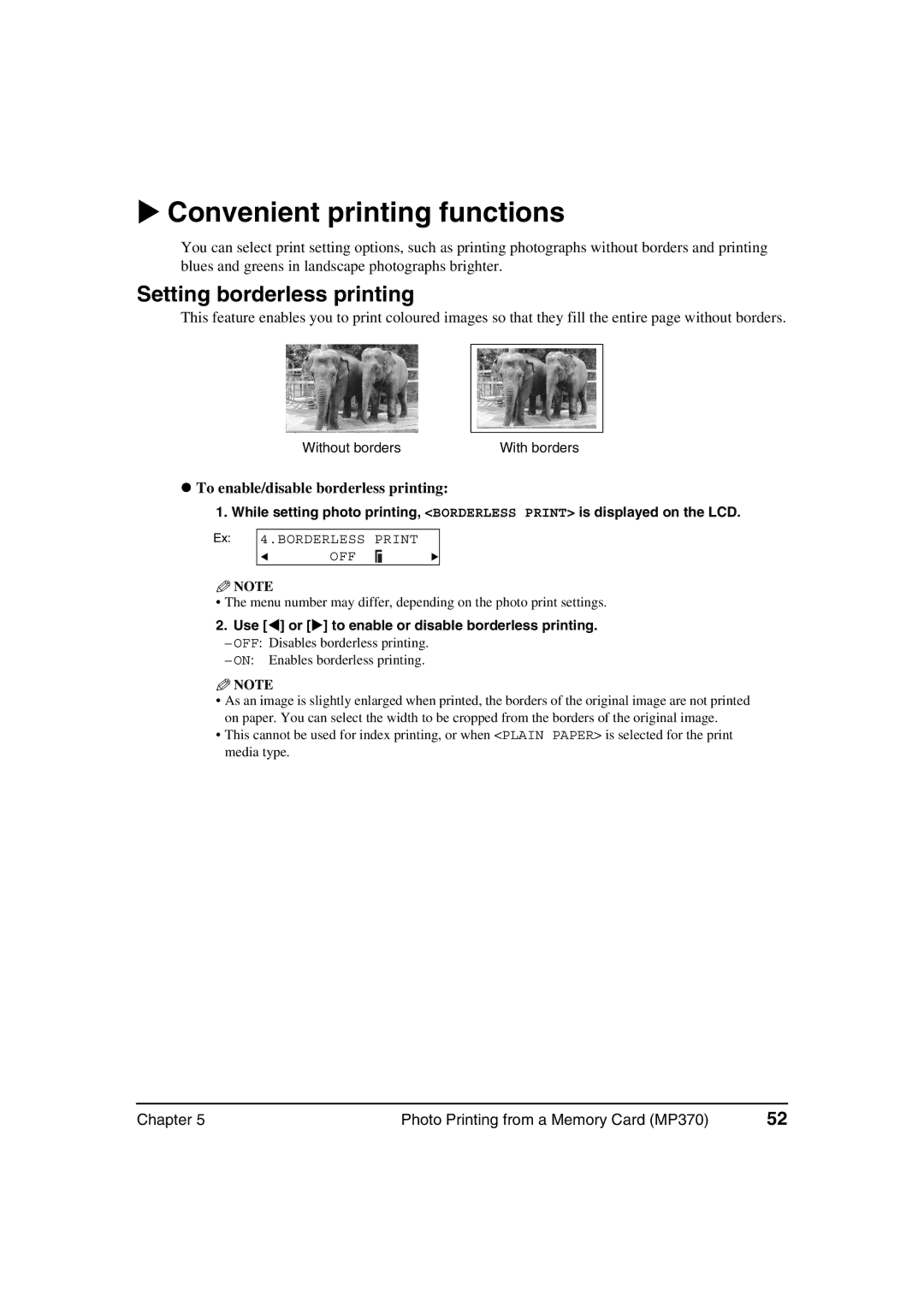 Canon MP360, MP370 manual Convenient printing functions, Setting borderless printing, To enable/disable borderless printing 