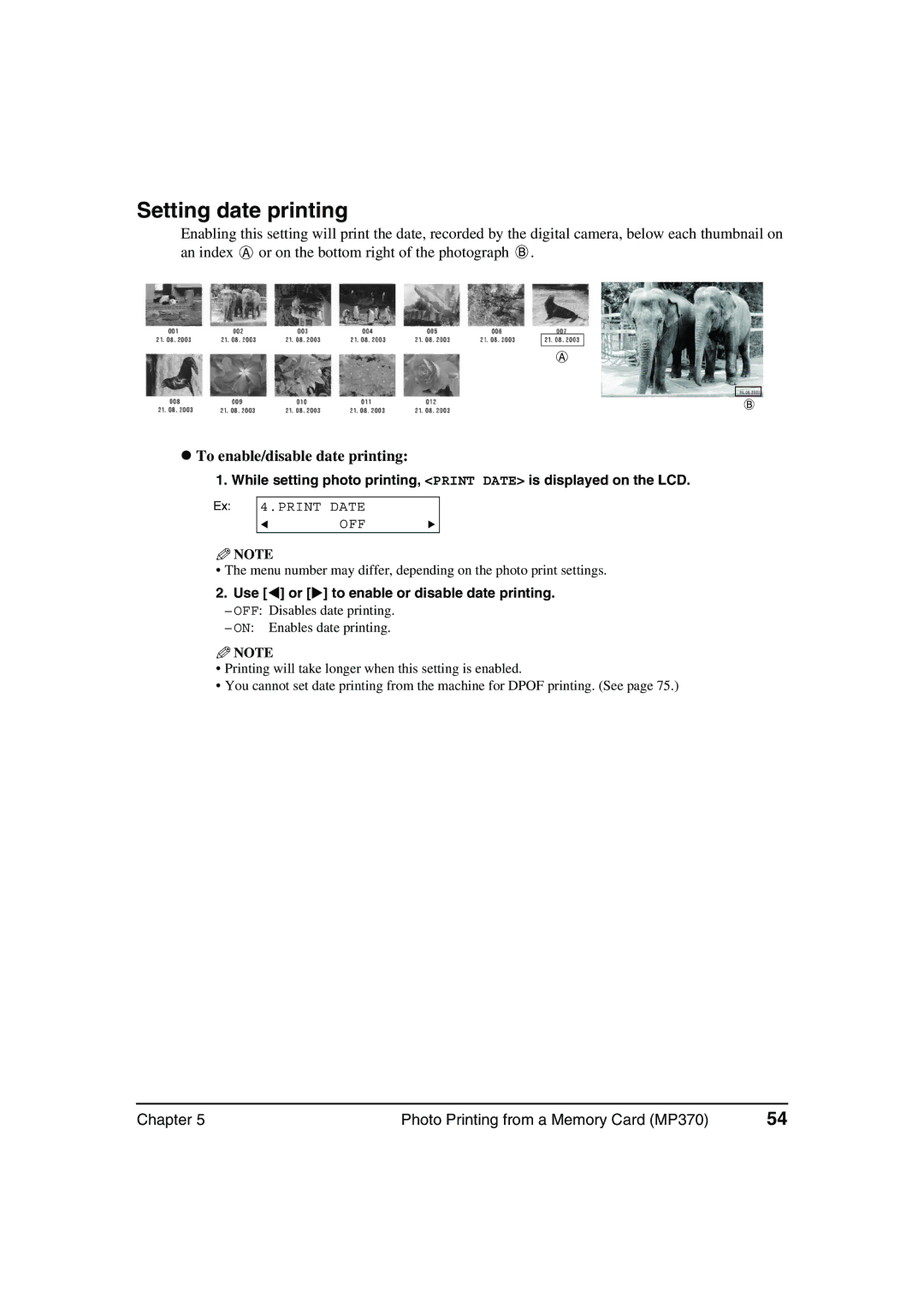 Canon MP360, MP370 manual Setting date printing, To enable/disable date printing 