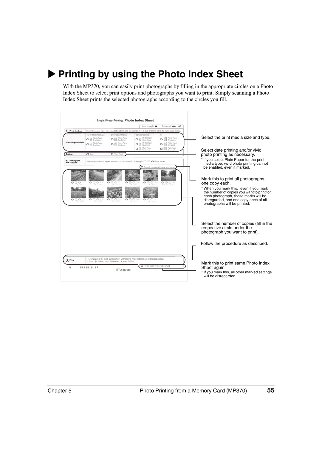 Canon MP370, MP360 manual Printing by using the Photo Index Sheet, Mark this to print all photographs, one copy each 