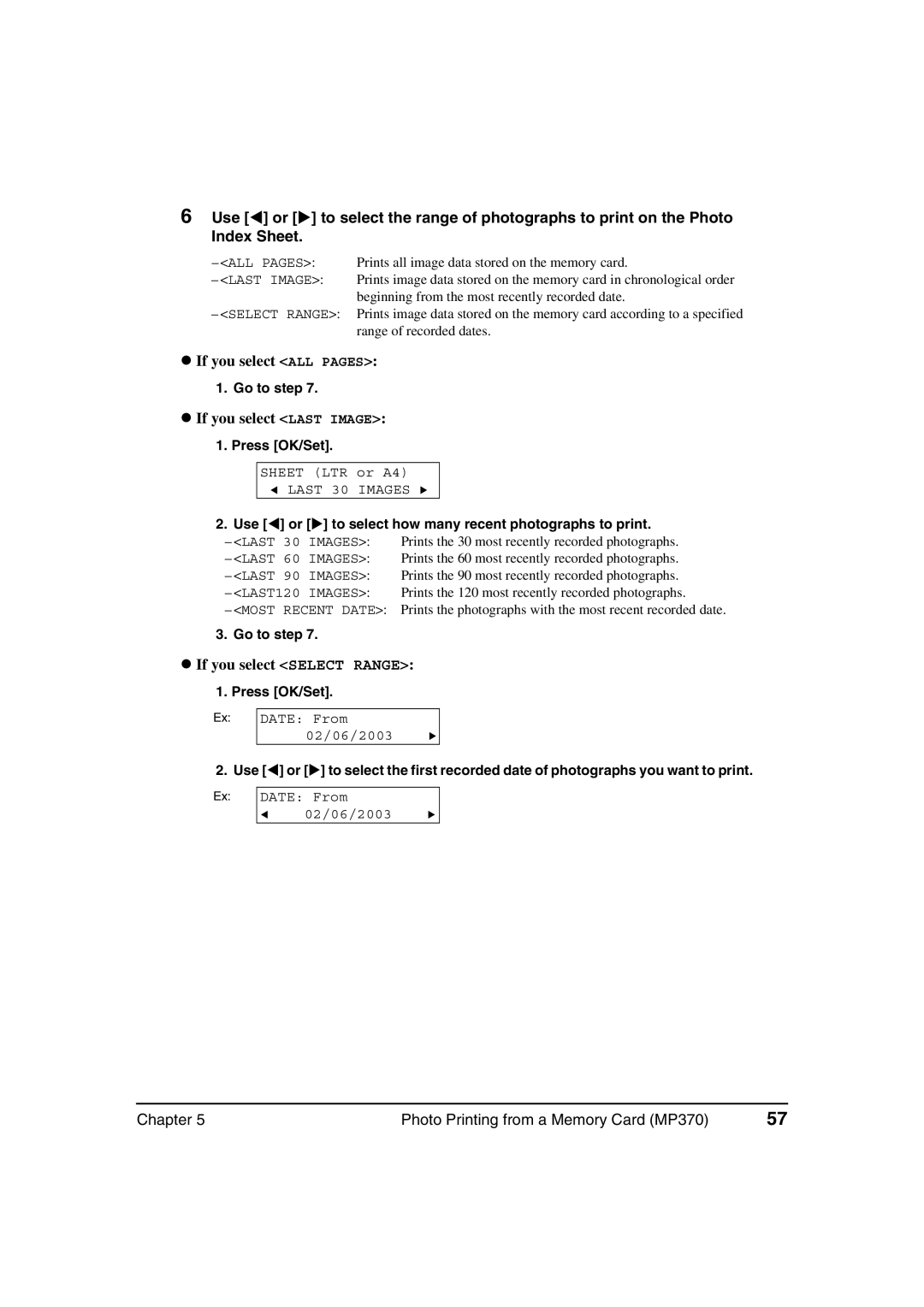 Canon MP370, MP360 manual If you select ALL Pages, If you select Last Image, If you select Select Range 