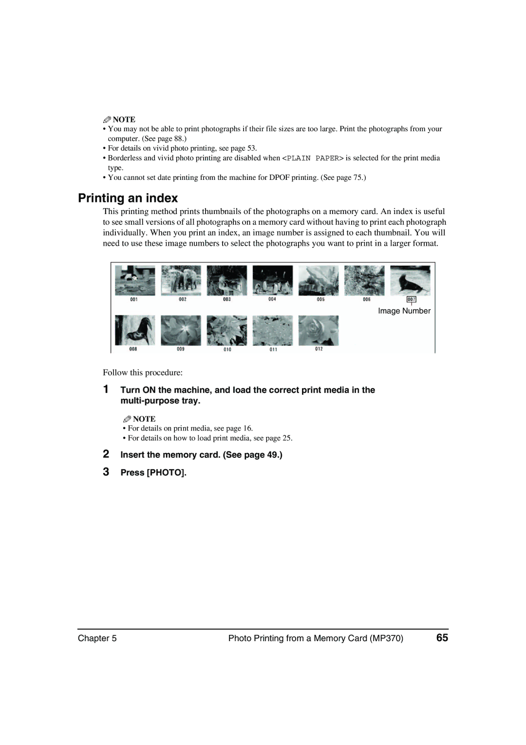 Canon MP370, MP360 manual Printing an index, Insert the memory card. See Press Photo 