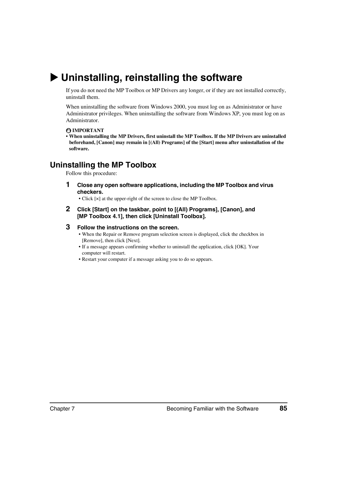 Canon MP370, MP360 manual Uninstalling, reinstalling the software, Uninstalling the MP Toolbox 