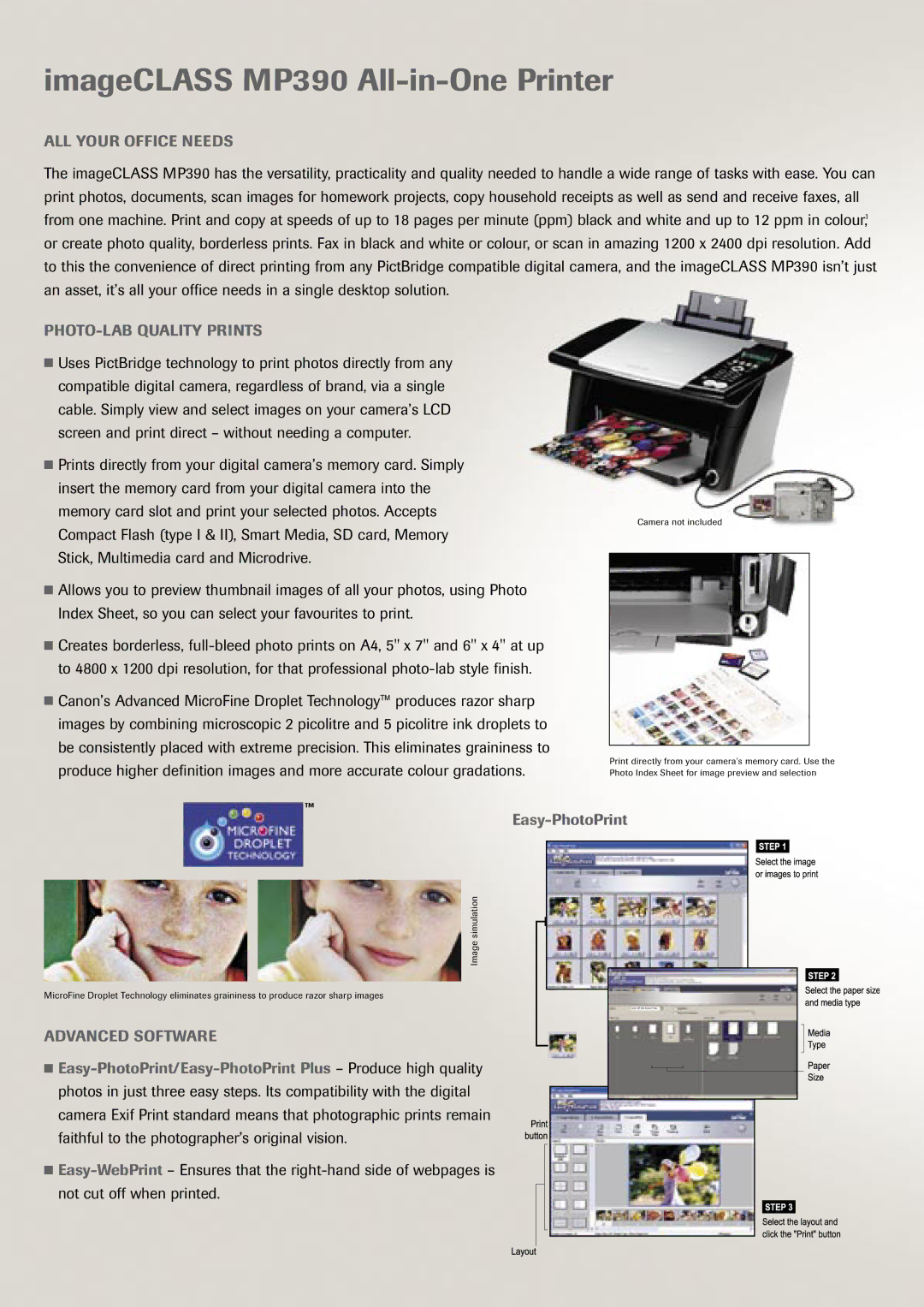 Canon MP390 manual ALL Your Office Needs, PHOTO-LAB Quality Prints, Advanced Software 