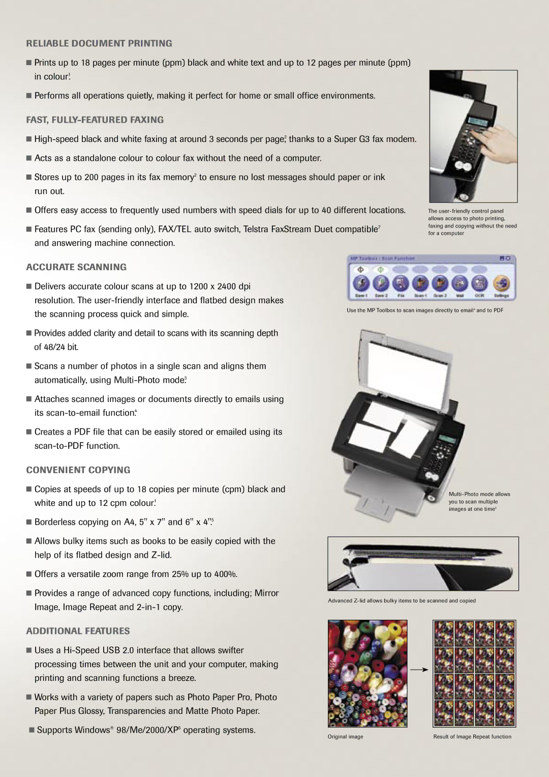 Canon MP390 manual Reliable Document Printing, FAST, FULLY-FEATURED Faxing, Accurate Scanning, Convenient Copying 