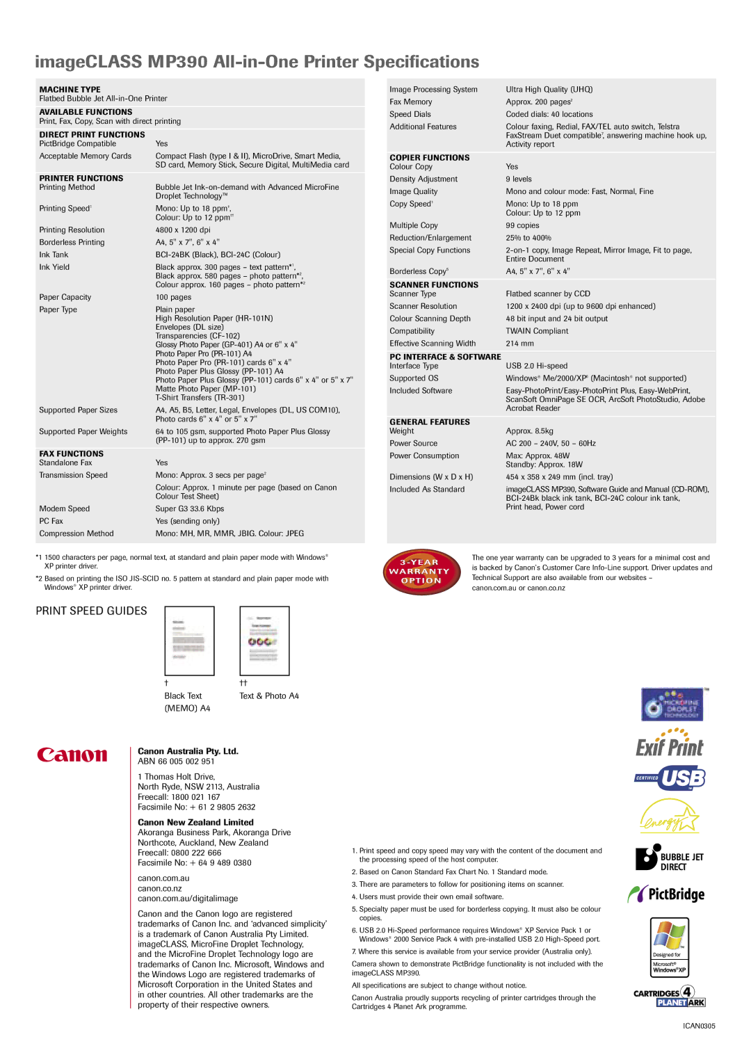 Canon manual ImageCLASS MP390 All-in-One Printer Specifications 