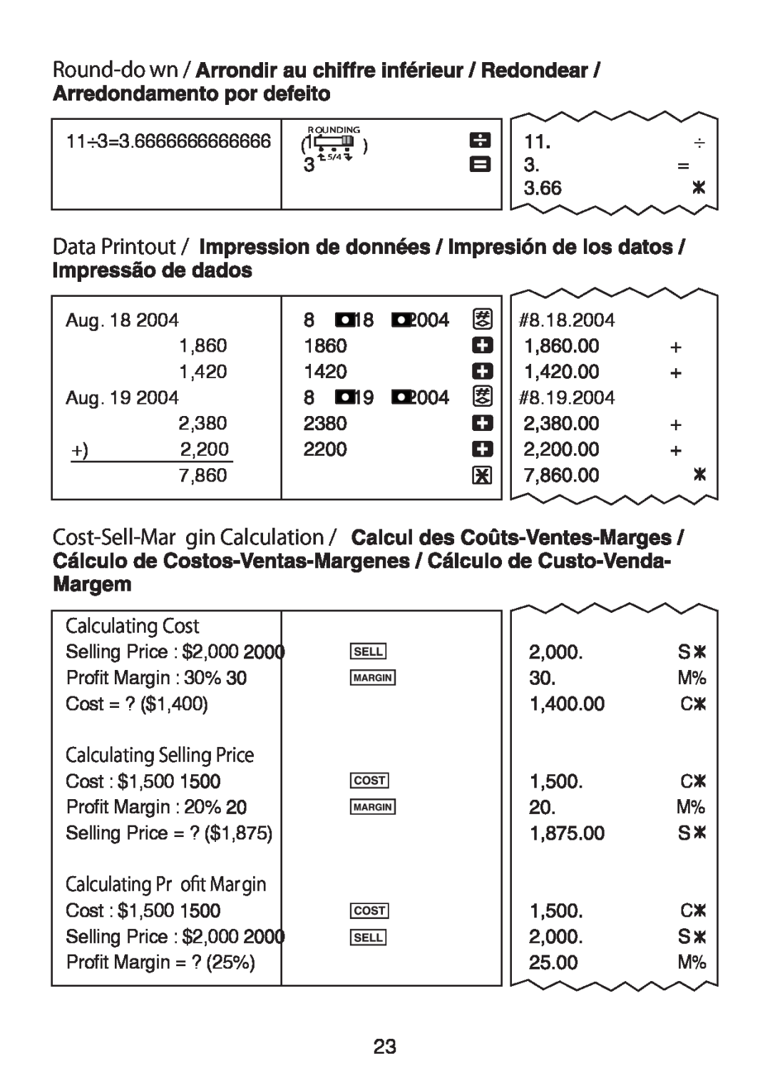 Canon MP41DHII manual Round-do wn, Data Printout, Cost-Sell-Mar gin Calculation, 11÷3=3.6666666666666, Calculating Cost 
