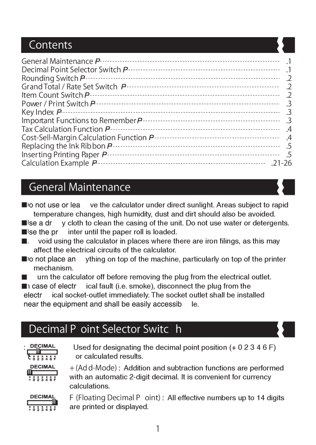 Canon MP41DHII manual Contents, General Maintenance, Decimal P oint Selector Switc h 