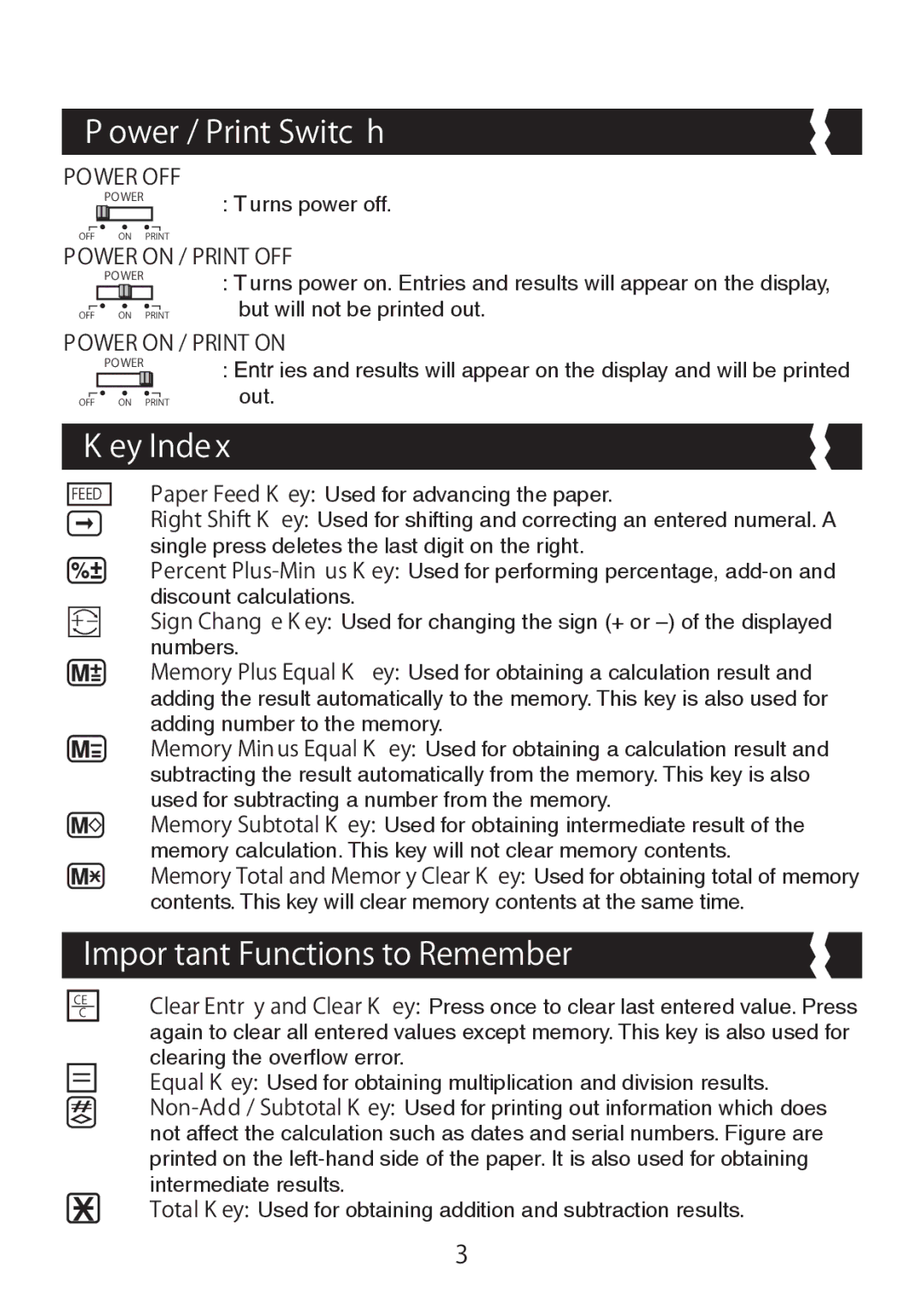 Canon MP41DHII manual Ower / Print Switc h, Ey Inde, Impor tant Functions to Remember 