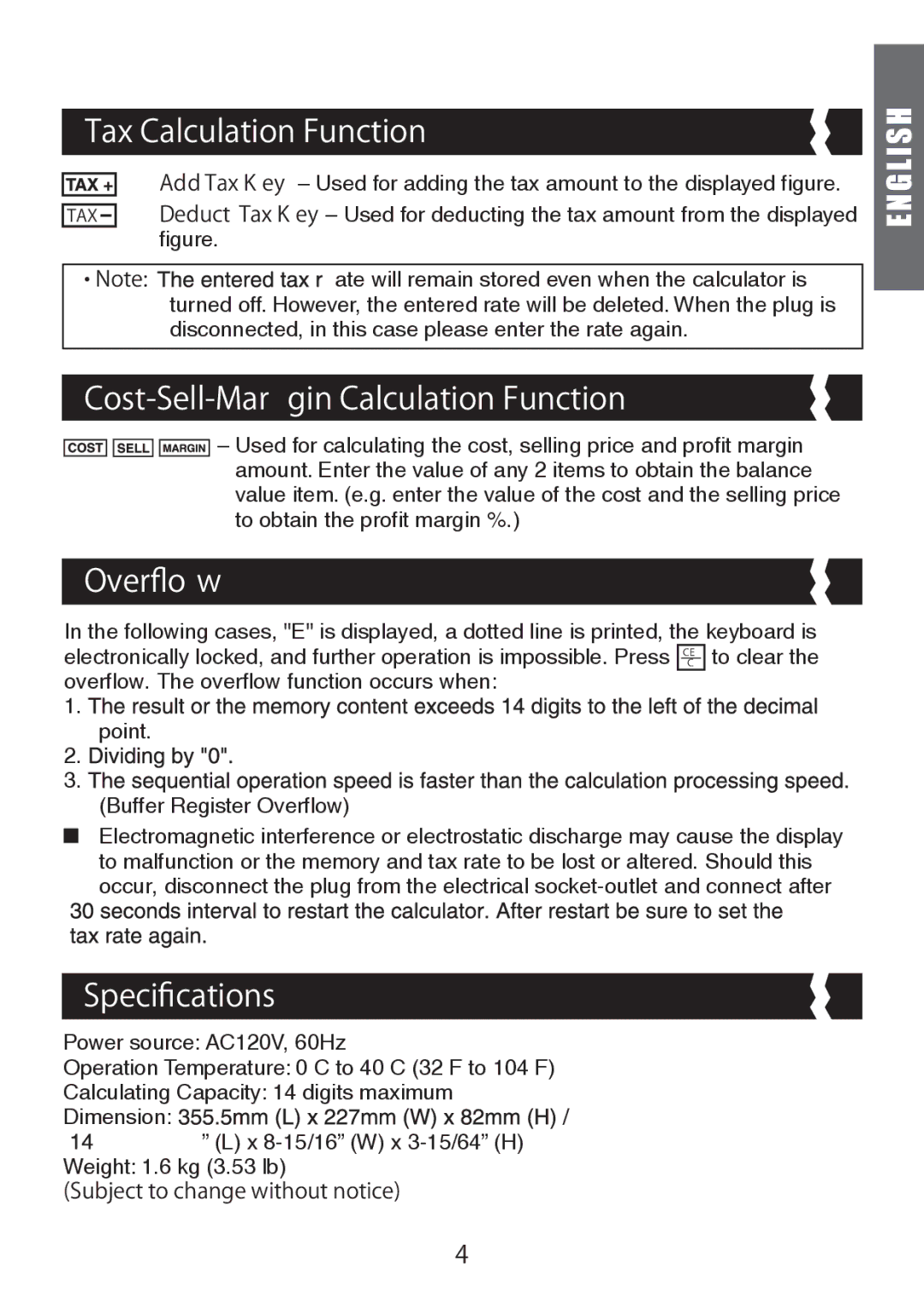 Canon MP41DHII manual Tax Calculation Function, Cost-Sell-Mar gin Calculation Function, Overﬂo w, Speciﬁcations 