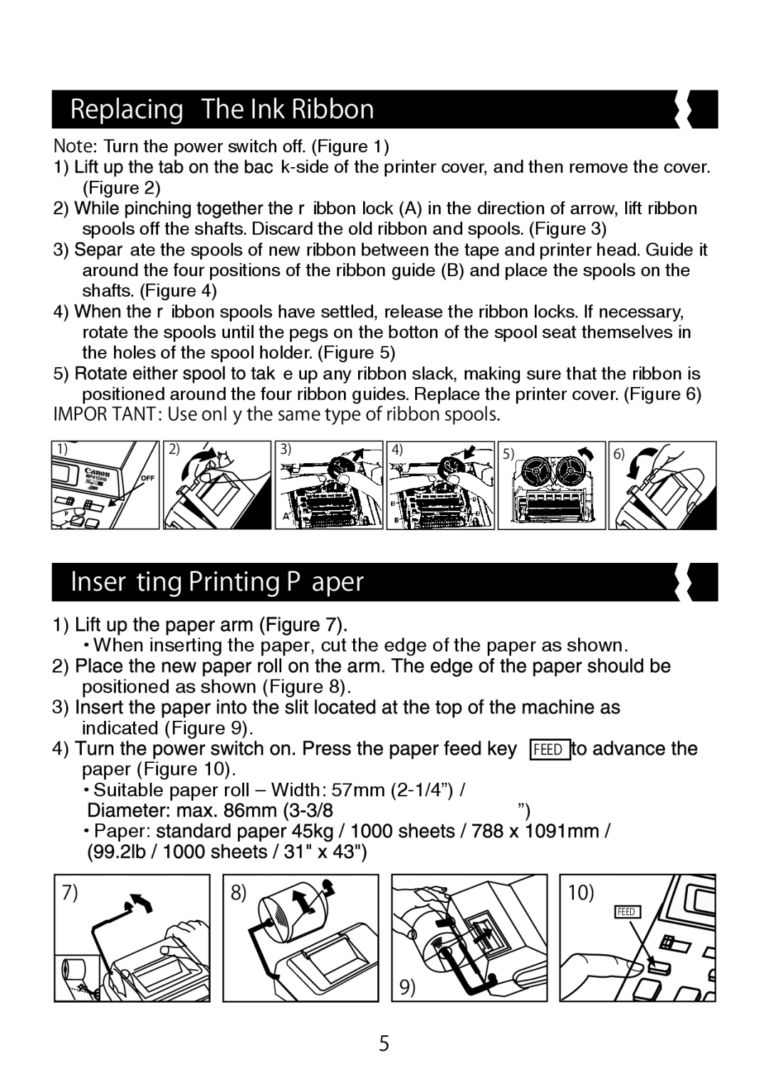 Canon MP41DHII manual Replacing The Ink Ribbon, Inser ting Printing P aper 