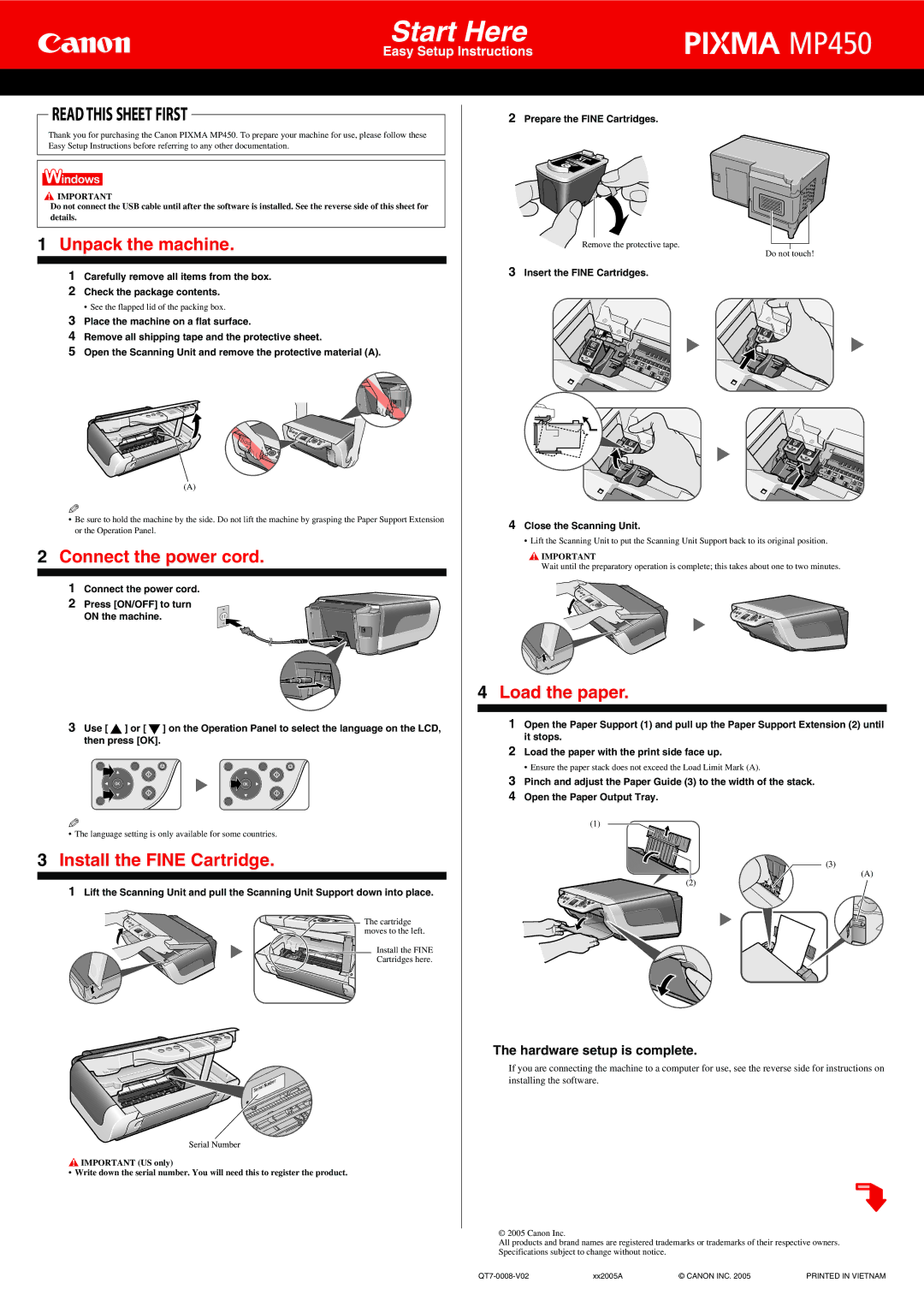 Canon MP450 specifications Unpack the machine, Connect the power cord, Install the Fine Cartridge, Load the paper 