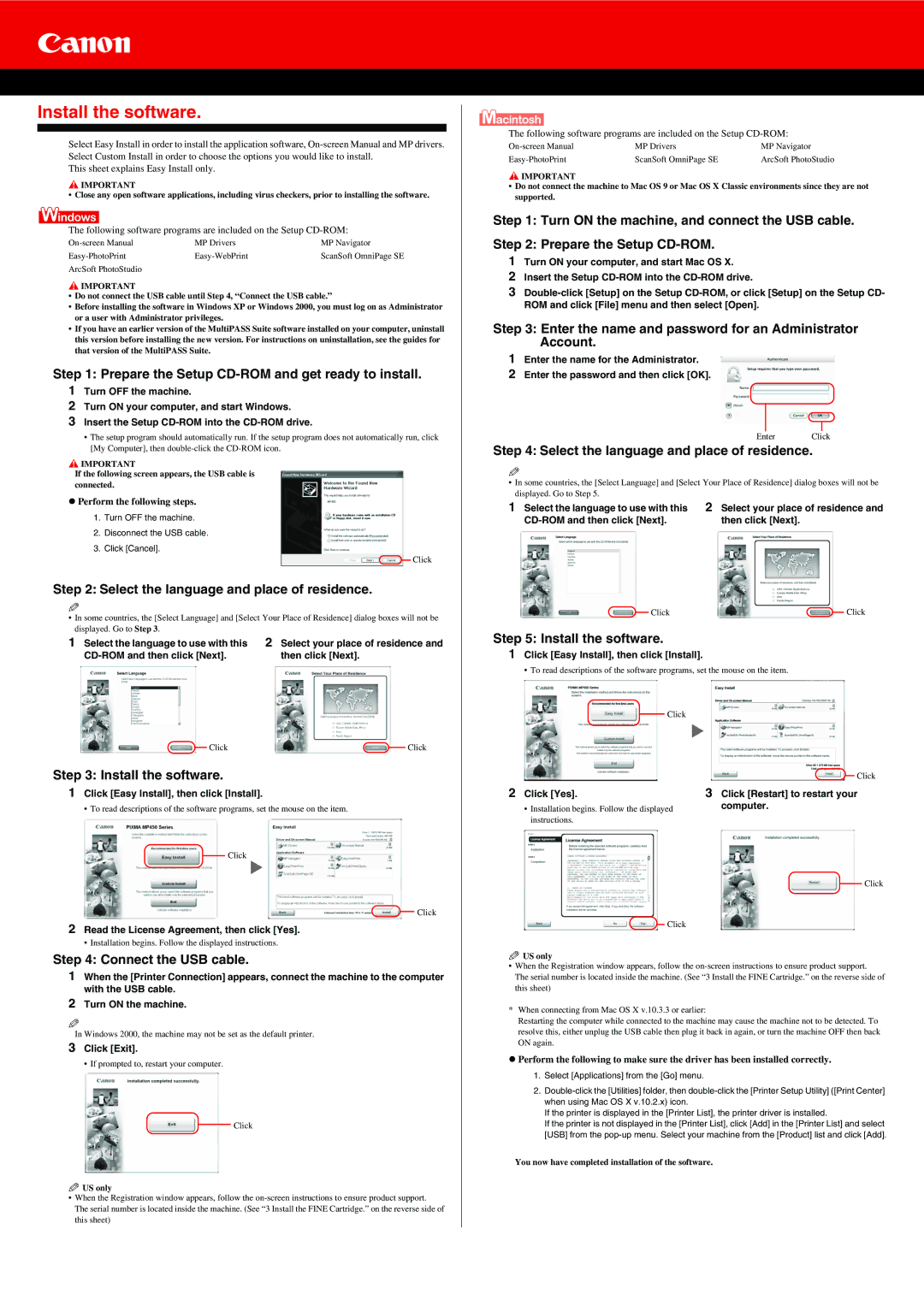 Canon MP450 specifications Install the software 