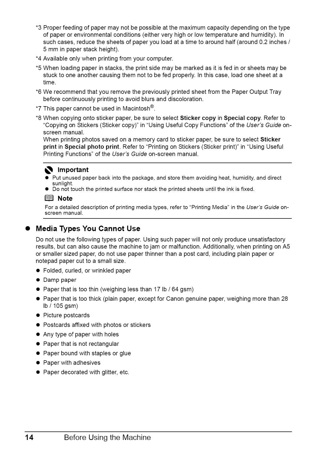 Canon MP470 quick start Media Types You Cannot Use 