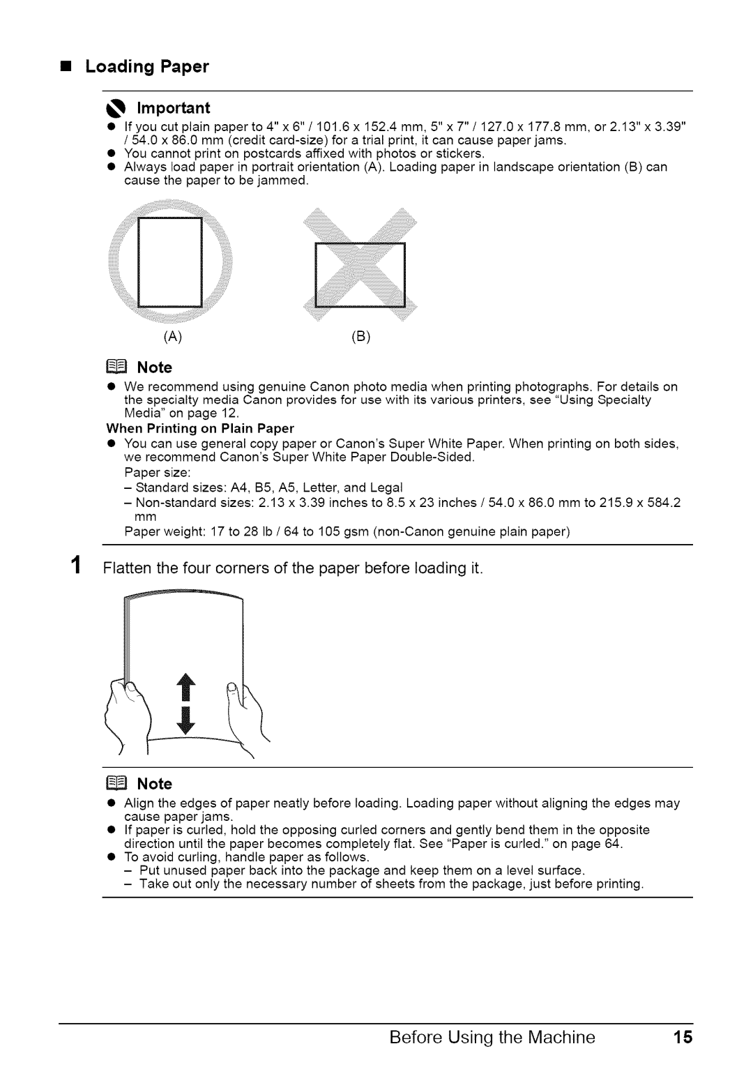 Canon MP470 Loading Paper, Flatten the four corners of the paper before loading it, When Printing on Plain Paper 