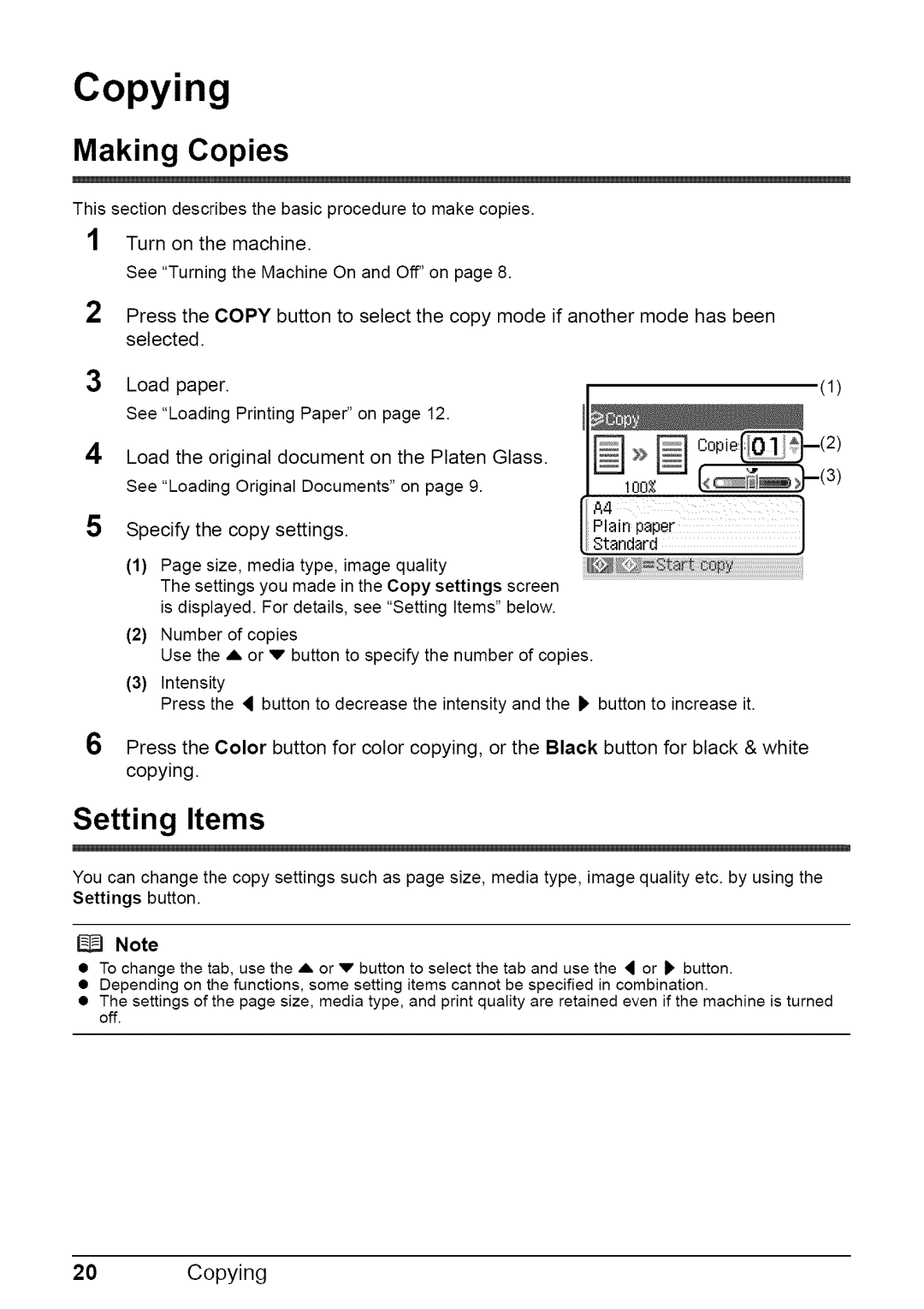 Canon MP470 quick start Copying, Making Copies, Setting Items 