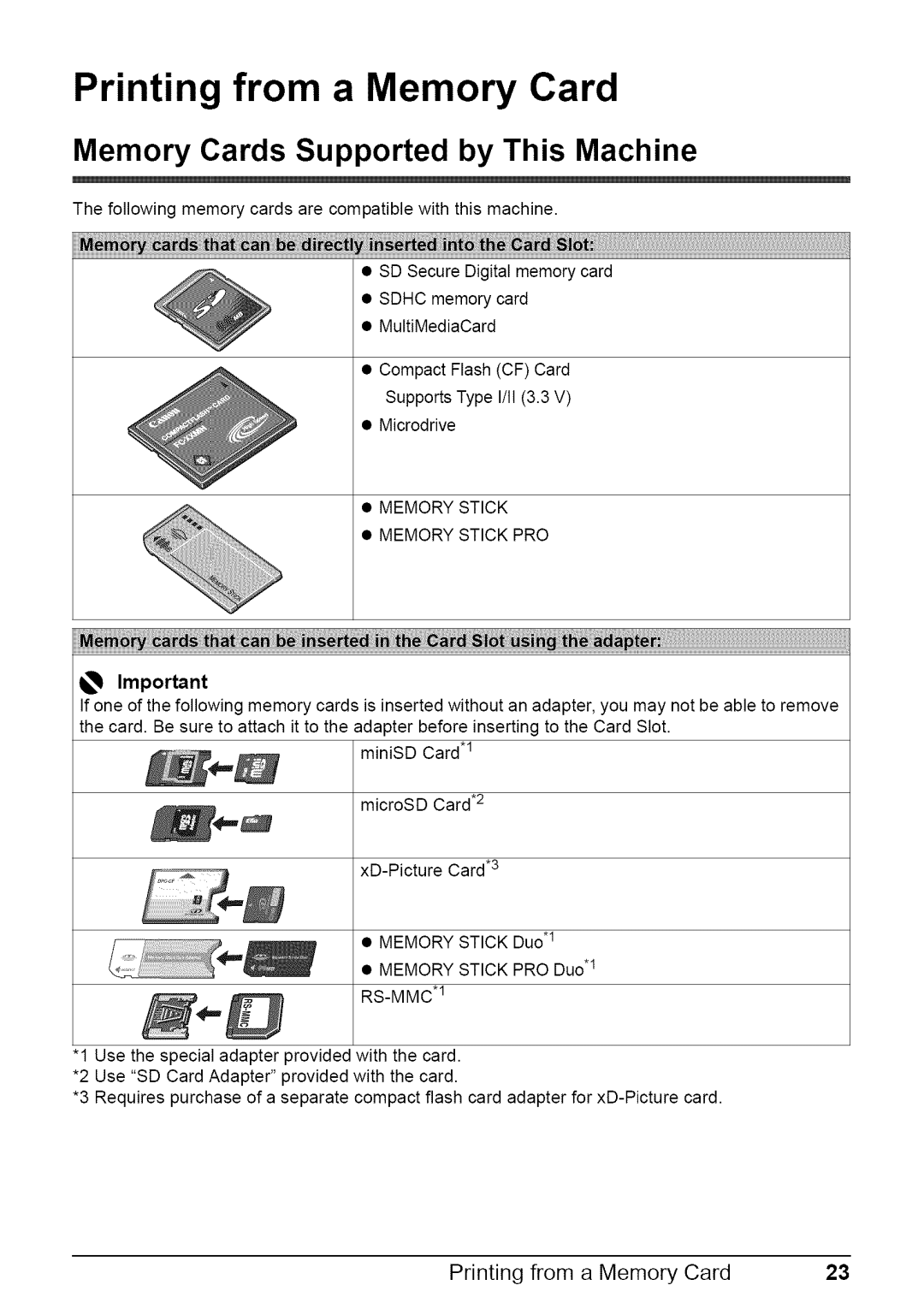 Canon MP470 quick start Printing from a Memory Card, Memory Cards Supported by This Machine, Na!nt 