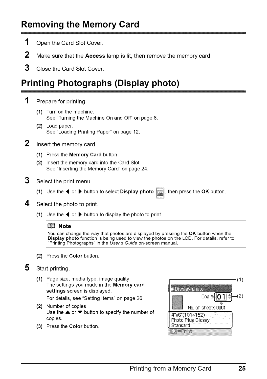 Canon MP470 quick start Removing the Memory Card, Printing Photographs Display photo, Prepare for printing, Start printing 