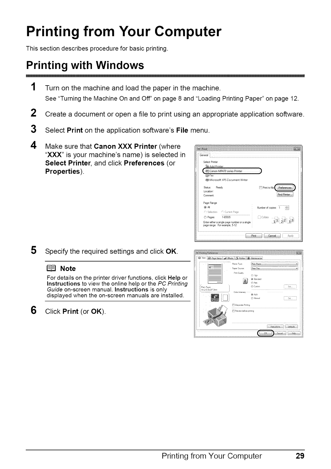 Canon MP470 quick start Printing from Your Computer, Printing with Windows, Specify the required settings and click OK 