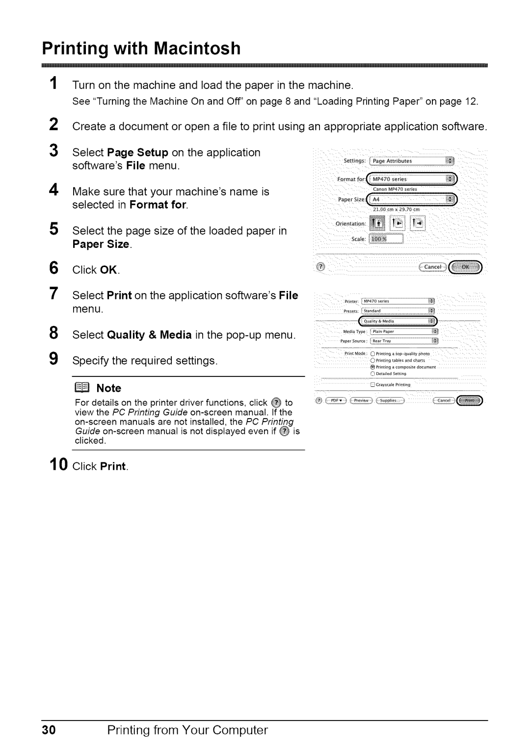 Canon MP470 quick start Printing with Macintosh, Make sure that your machines name is Selected in Format for, Click Print 