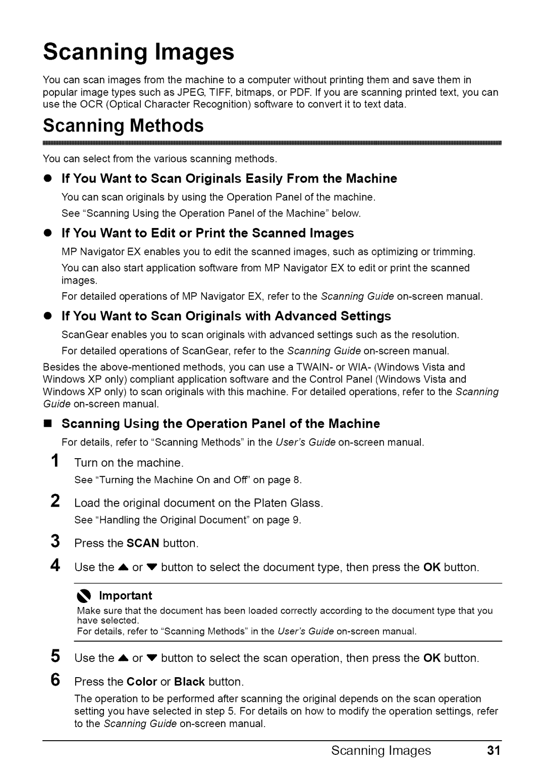 Canon MP470 quick start Scanning Images, Scanning Methods 