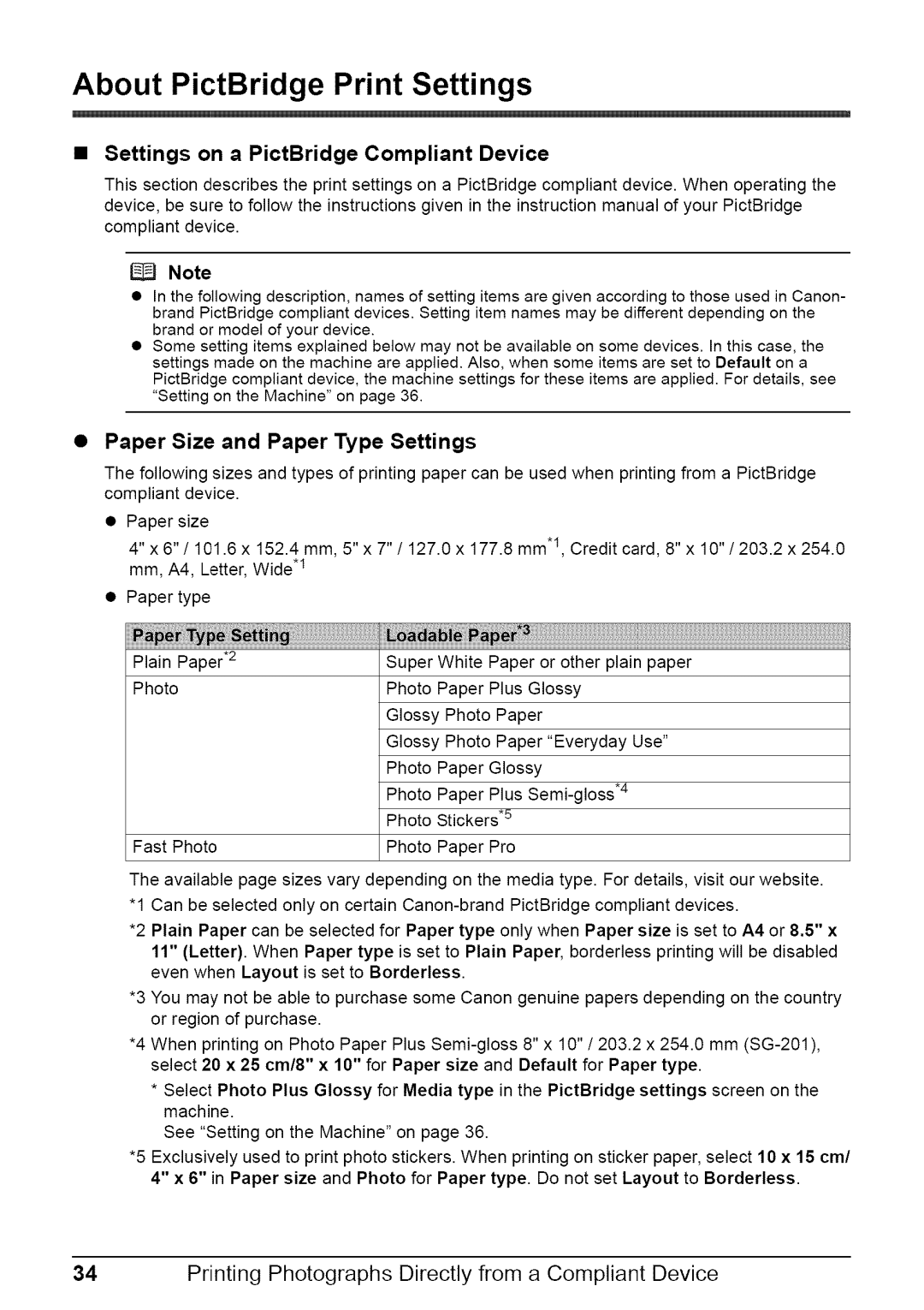 Canon MP470 About PictBridge Print Settings, Settings on a PictBridge Compliant Device, Paper Size and Paper Type Settings 