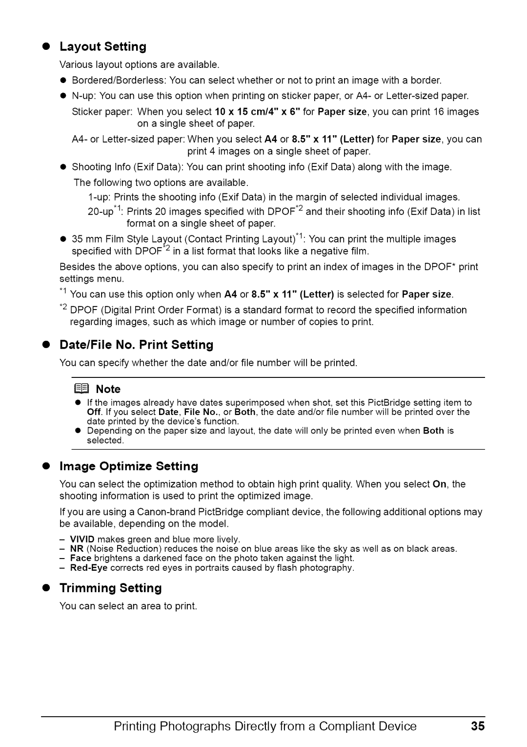 Canon MP470 quick start Layout Setting, Date/File No. Print Setting, Image Optimize Setting, Trimming Setting 