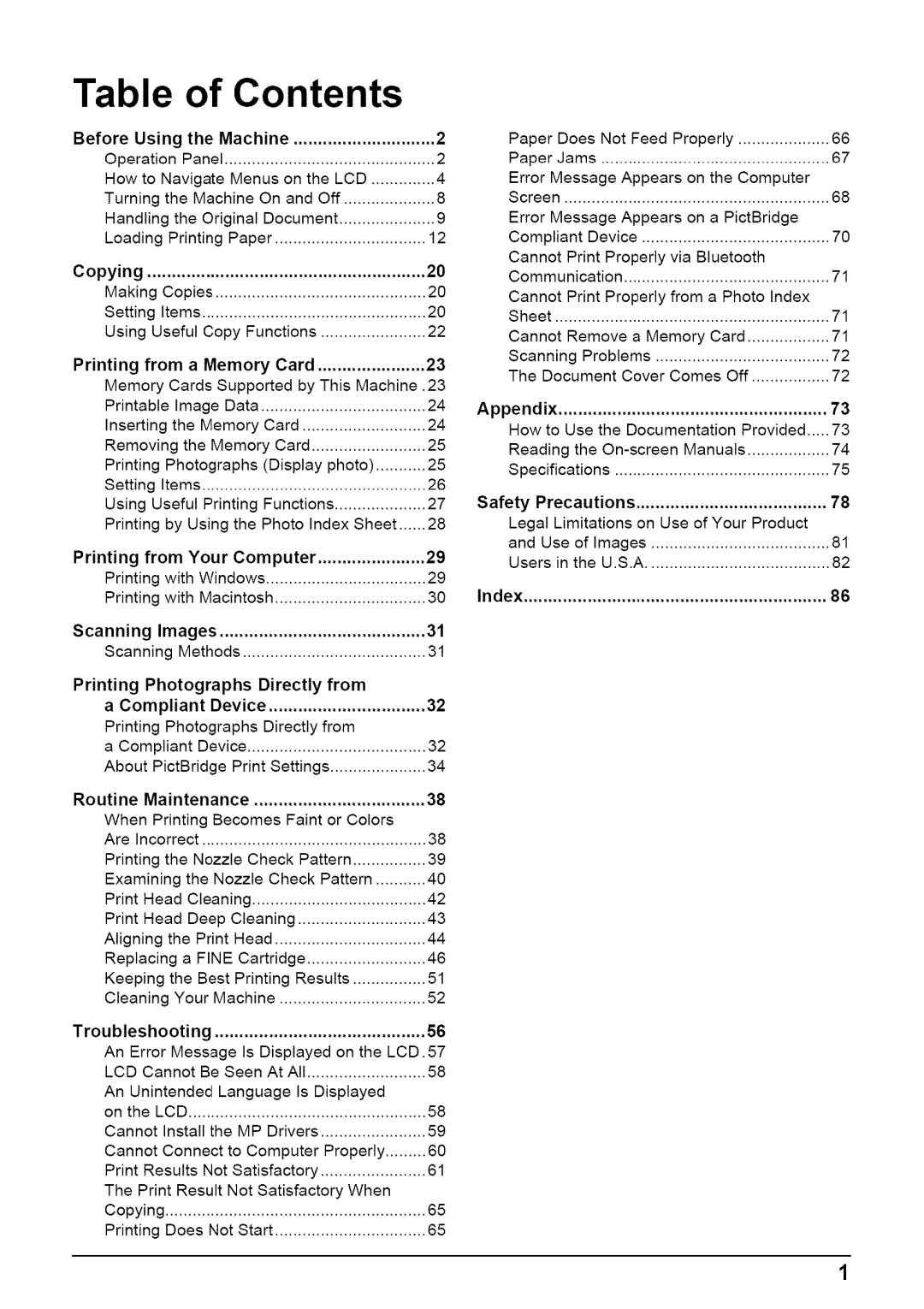 Canon MP470 quick start Table of Contents 