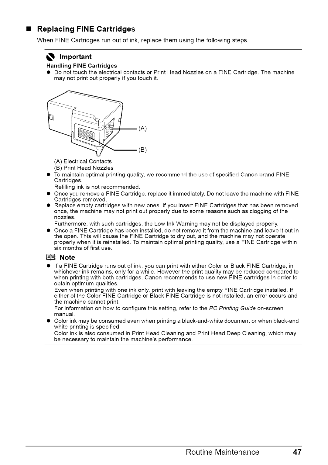 Canon MP470 quick start Replacing Fine Cartridges, Handling Fine Cartridges 