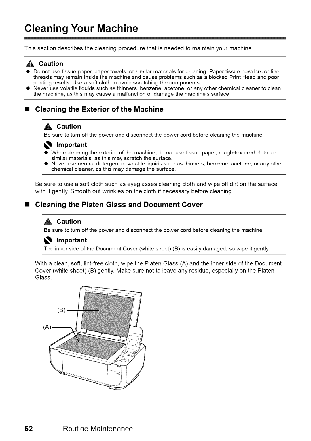 Canon MP470 Cleaning Your Machine, Cleaning the Exterior of the Machine, Cleaning the Platen Glass and Document Cover 