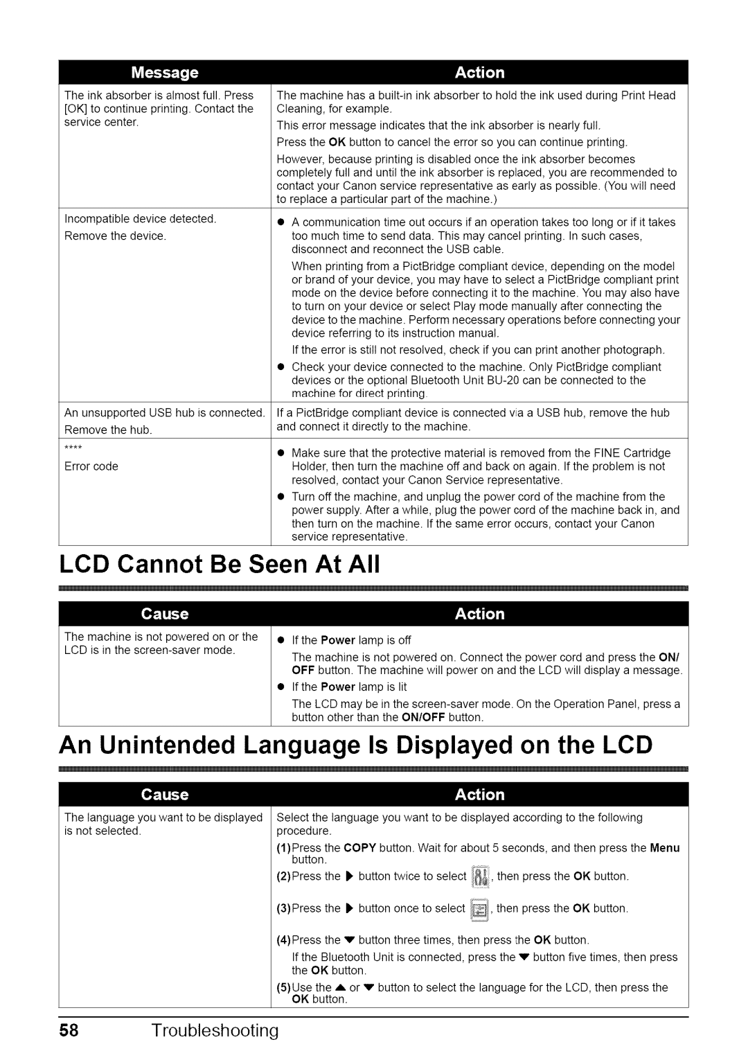 Canon MP470 quick start LCD Cannot Be Seen At All, An Unintended Language Is Displayed on the LCD 