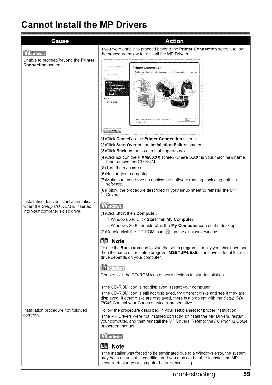 Canon MP470 quick start Cannot Install the MP Drivers, Troubleshooting59, 1Click Start then Computer 