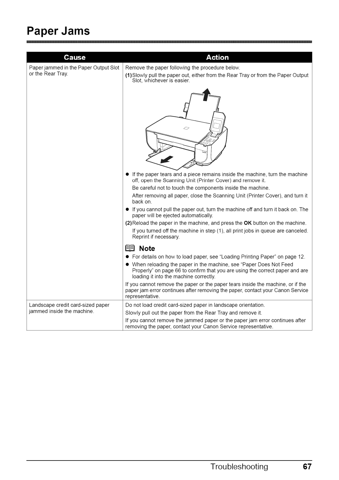 Canon MP470 quick start Paper Jams, Troubleshooting67 