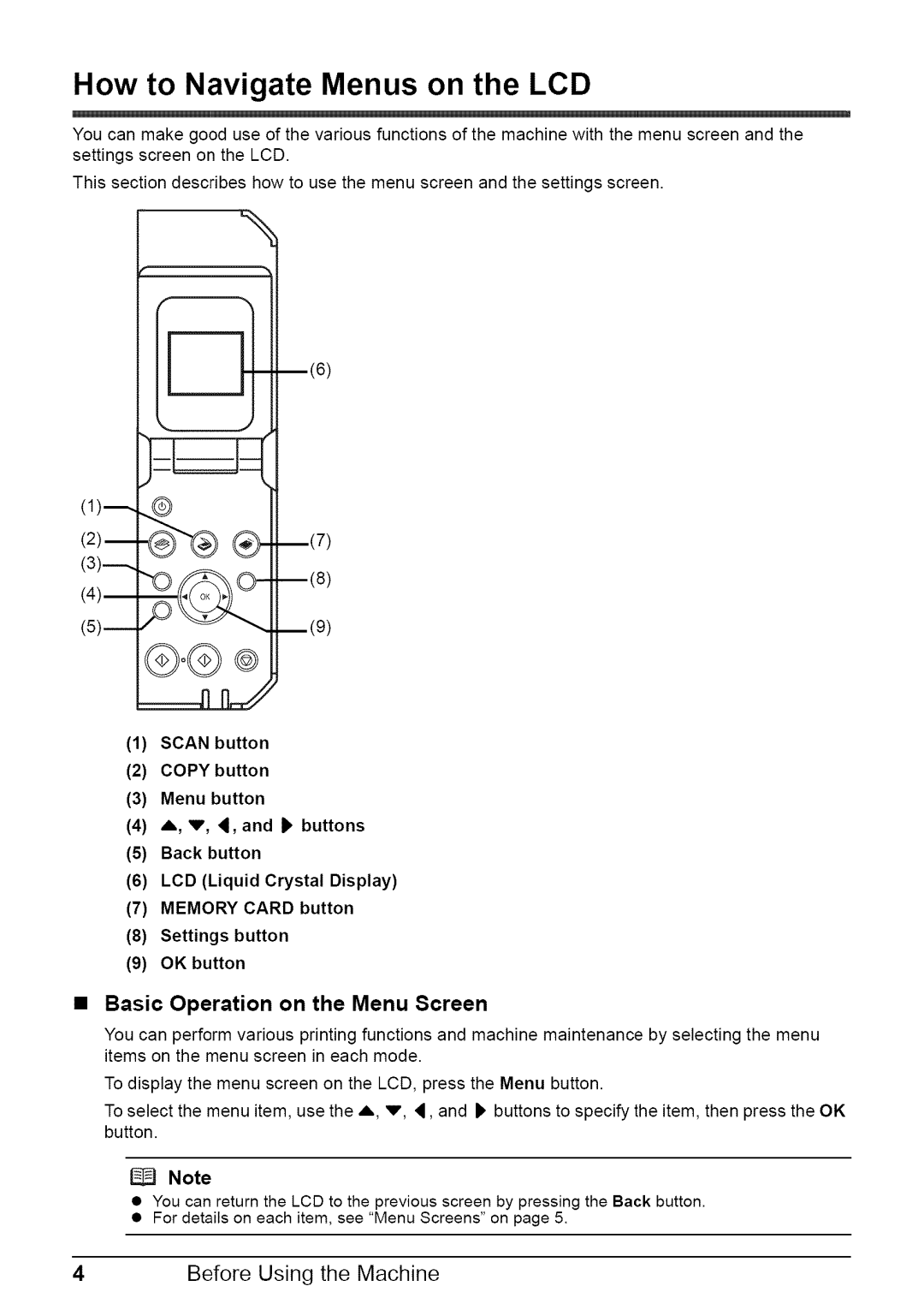 Canon MP470 quick start How to Navigate Menus on the LCD, Basic Operation on the Menu Screen, 4Before Using the Machine 