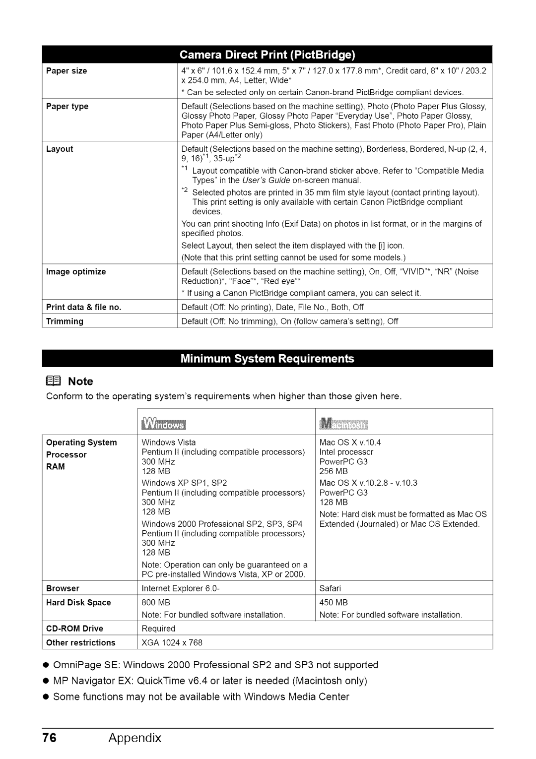 Canon MP470 Papertype, Layout, Operating System Processor, Browser, Hard Disk Space, CD-ROM Drive, Other restrictions 