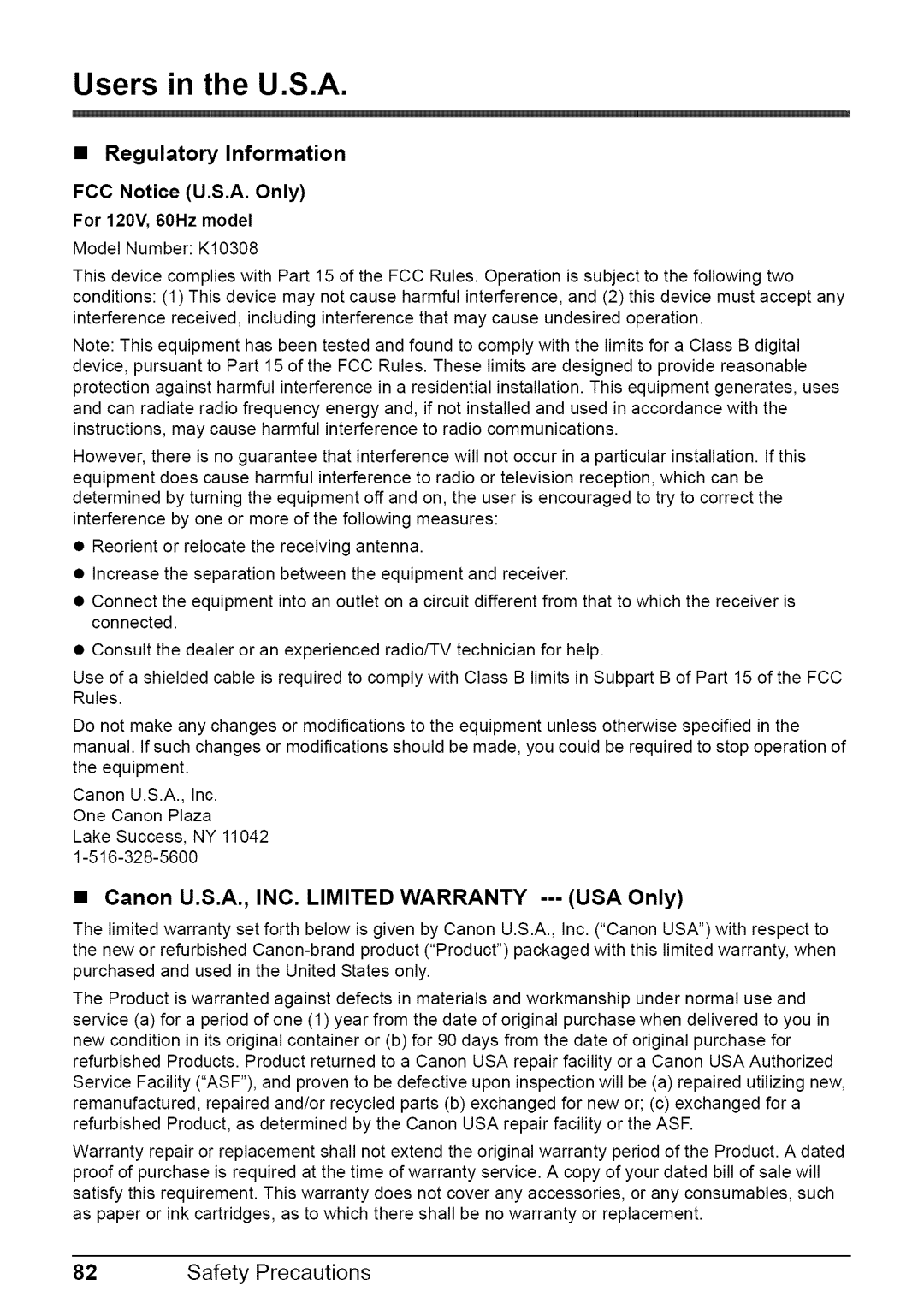 Canon MP470 quick start Users in the U.S.A, Regulatory Information, Canon U.S.A., INC. Limited Warranty --- USA Only 