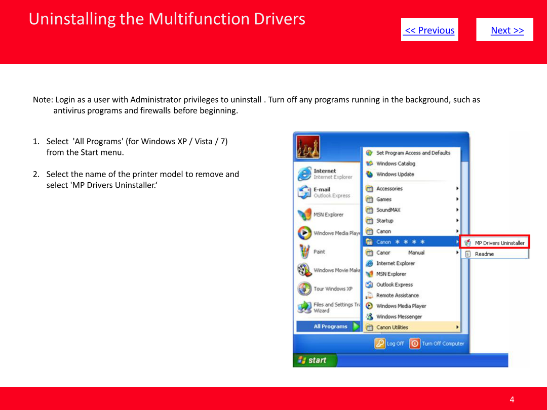 Canon MP495 manual Uninstalling the Multifunction Drivers, << Previous, Next >> 