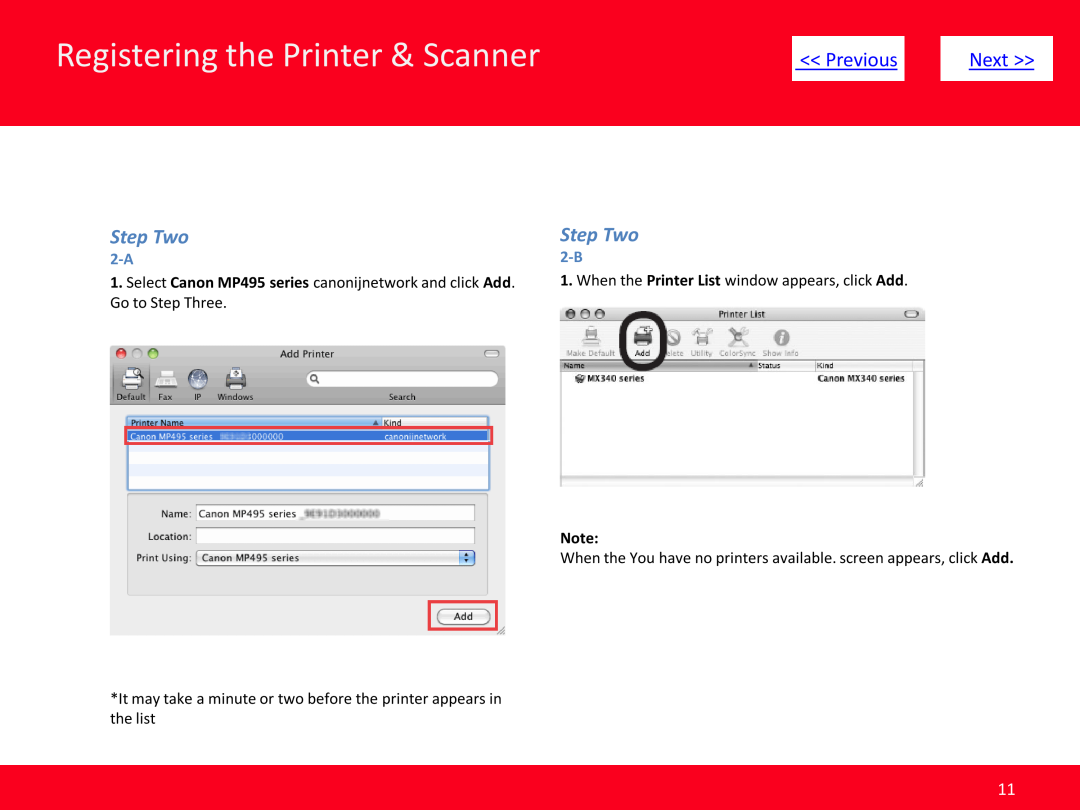 Canon MP495 Registering the Printer & Scanner, Previous, Next, Step Two, When the Printer List window appears, click Add 