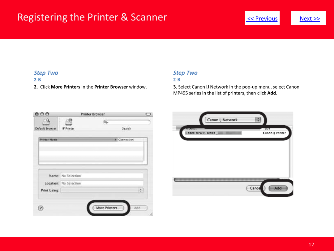 Canon MP495 Registering the Printer & Scanner, Previous, Next, Step Two, Click More Printers in the Printer Browser window 