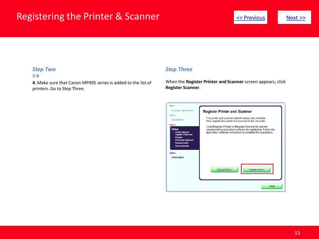 Canon MP495 Registering the Printer & Scanner, Previous, Next, Step Two, printers. Go to Step Three, Register Scanner 